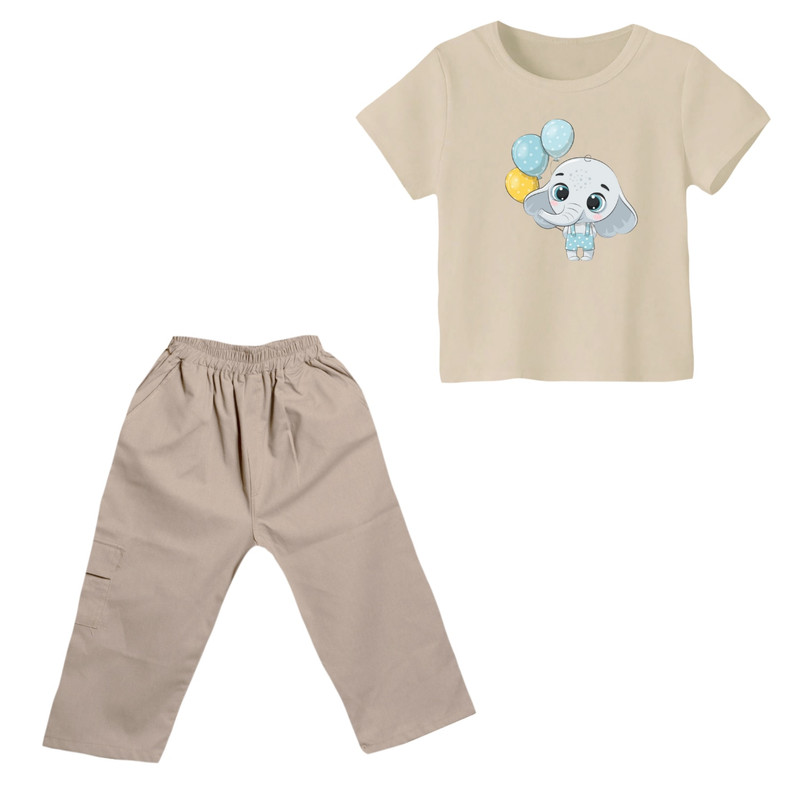 ست تی شرت و شلوارک دخترانه مدل فیل کد 17 رنگ کرم