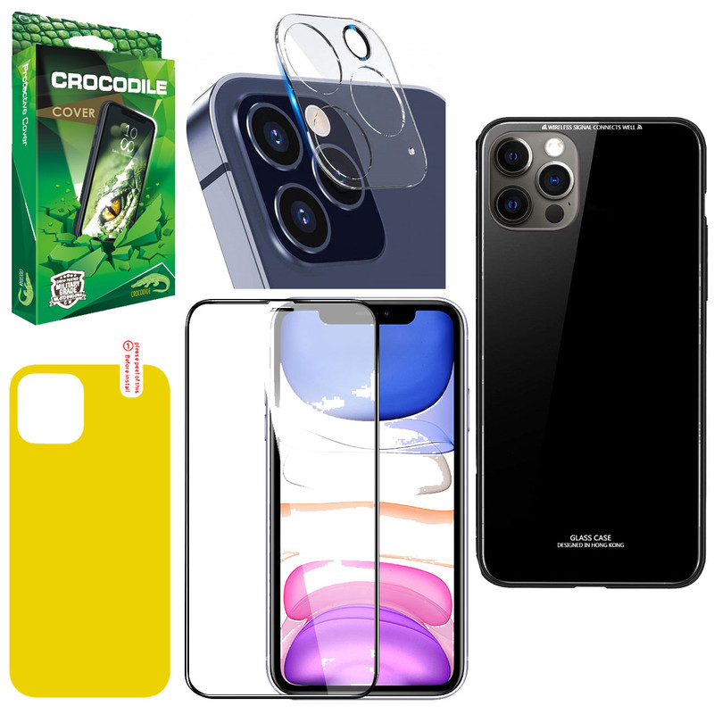 کاور کروکودیل مدل C-PSHT-GLS مناسب برای گوشی موبایل اپل Iphone 12 Pro به همراه محافظ صفحه نمایش گوشی و برچسب محافظ پشت و محافظ لنز دوربین