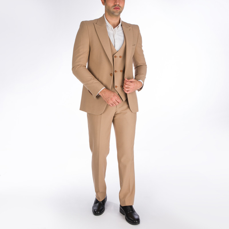 ست کت و شلوار و جلیقه مردانه مدل اسلیم فیت رنگ بژ