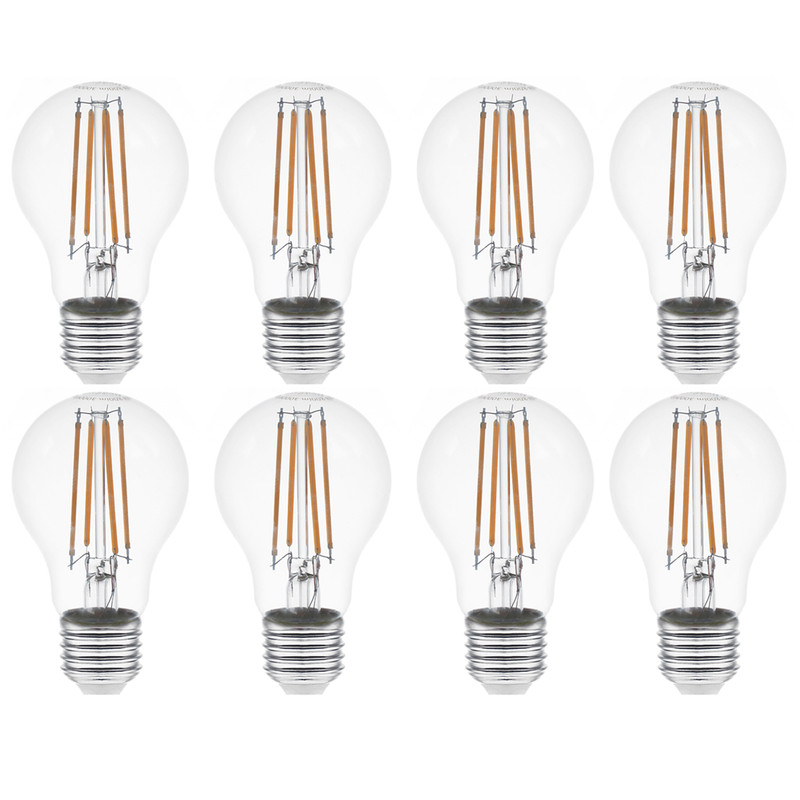 لامپ ال ای دی فیلامنتی 8 وات مصباح مدل حبابی شفاف کد A60 پایه E27 بسته 8 عددی