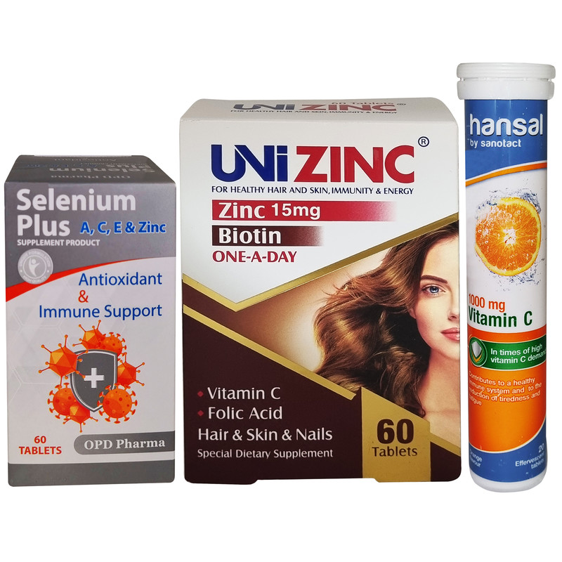 خرید و قیمت قرص یونی زینک لیبرتی سوییس بسته 60 عددی به همراه قرص سلنیوم پلاس او پی دی فارما بسته 60 عددی به همراه قرص جوشان ویتامین C 1000 میلی گرم هانسال بسته 20 عددی