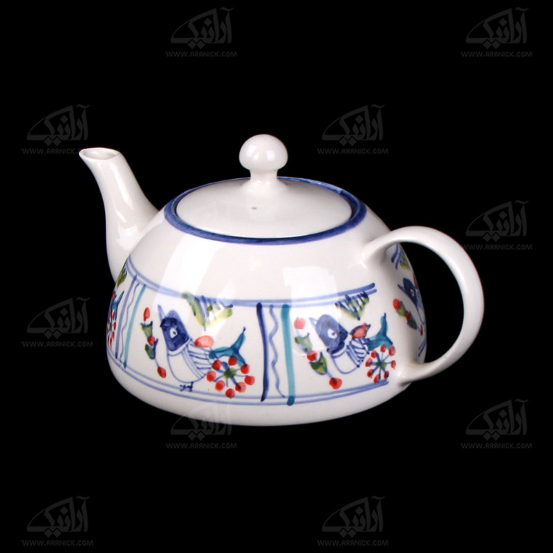 قوری سفالی نقاشی زیر لعابی رنگ سفید طرح پرنده مدل 1006500003