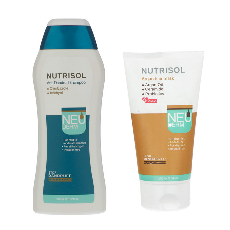خرید و قیمت شامپو ضد شوره نئودرم مدل Nutrisol حجم 300 میلی لیتر به همراه ماسک مو مدل آرگان حجم 150 میلی لیتر