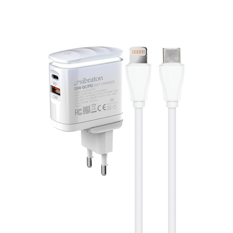 خرید و قیمت شارژر دیواری 25 وات سیبراتون مدل SW2225i PD به همراه کابل لایتنینگ