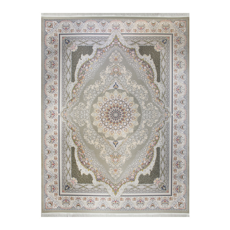 فرش ماشینی 1500 شانه خواجوی زمینه و حاشیه نقره ای مدل ثریا