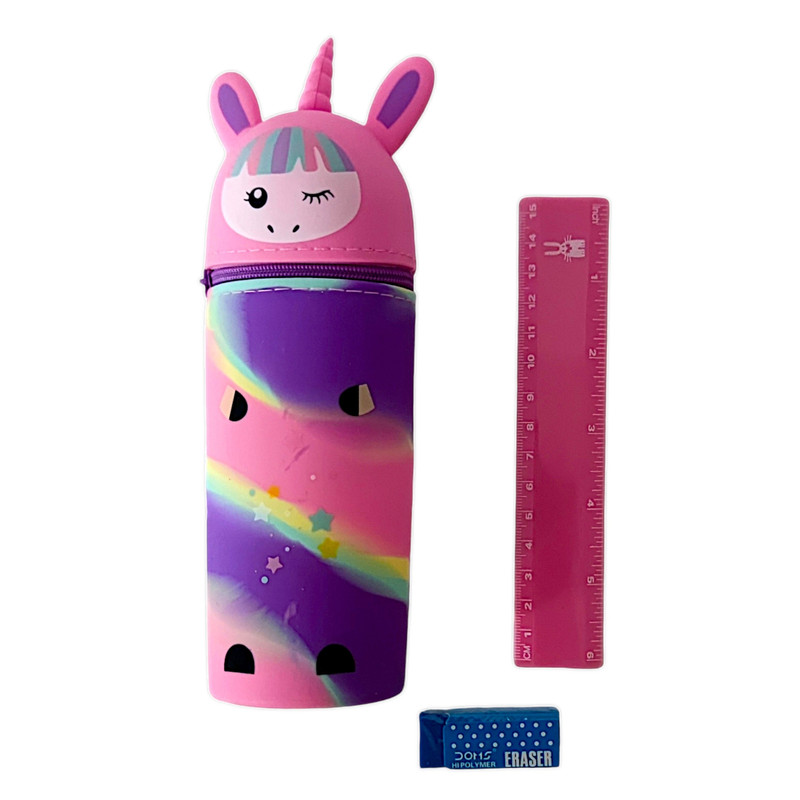 خرید و قیمت جامدادی اسکول فنس مدل سیلیکونی تک شاخ کد 152 به همراه خط کش و پاک کن مجموعه 3 عددی