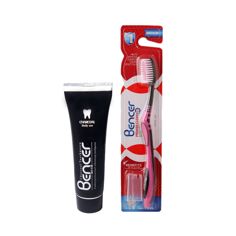 خرید و قیمت مسواک بنسر مدل Premier Clean با برس متوسط به همراه خمیر دندان بنسر مدل ذغالی وزن 120 گرم