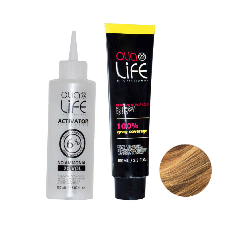 رنگ مو اولیا لایف شماره 7.5 حجم 100 میلی لیتر رنگ بلوند طلایی به همراه اکسیدان اولیا لایف مدل 20 vol شش درصدی حجم 150 میلی لیتر