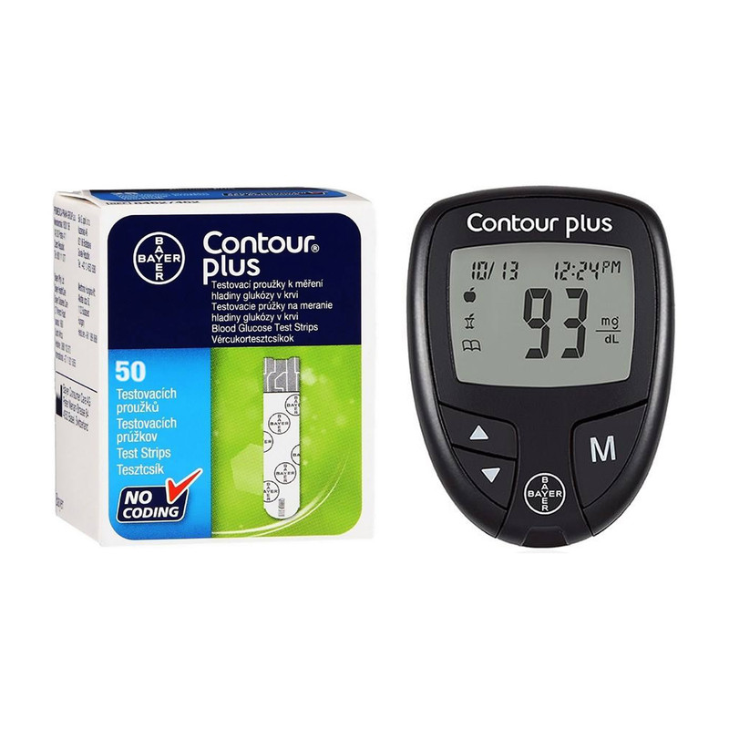خرید و قیمت دستگاه تست قند خون بایر مدل Contour Plus به همراه نوار تست قند خون بسته 50 عددی