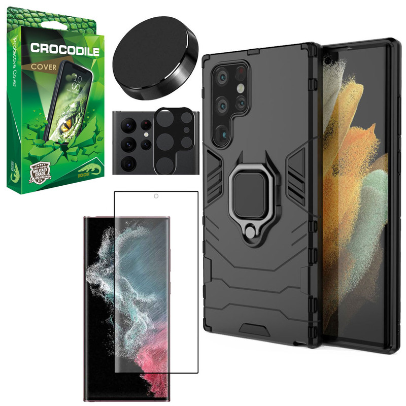 کاور کروکودیل مدل K-BTMN مناسب برای گوشی موبایل سامسونگ Galaxy S22 Ultra به همراه محافظ صفحه نمایش و محافظ لنز دوربین و پایه نگهدارنده گوشی