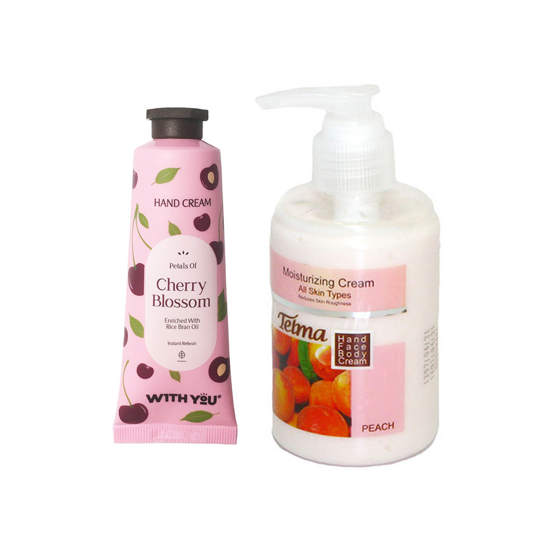 کرم آبرسان و مرطوب کننده تلما مدل هلو حجم 200 میلی لیتر به همراه کرم مرطوب کننده ویت یو مدل Cherry Blossom حجم 50 میلی لیتر