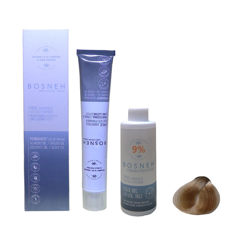 خرید و قیمت رنگ مو بوسنه مدل FREE AMMONIA شماره 9.31 حجم 100 میلی لیتر رنگ بلوند بژ خیلی روشن به همراه اکسیدان بوسنه مدل 30vol نه درصدی حجم 150 میلی لیتر