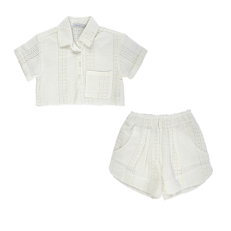 ست پولوشرت و شلوارک دخترانه فیورلا مدل سوزن دوزی کد 45009