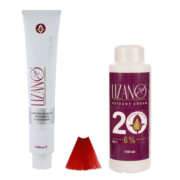 رنگ مو لیزانو شماره 0.66 حجم 100 میلی لیتر رنگ قرمز به همراه اکسیدان مدل 20 شش درصدی حجم 150 میلی لیتر
