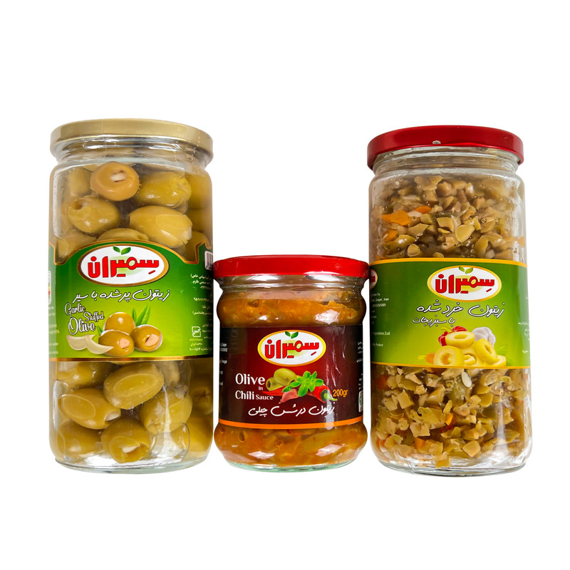 زیتون با سبزیجات و زیتون در سس چیلی و زیتون سیردار سمیران مجموعه 3 عددی