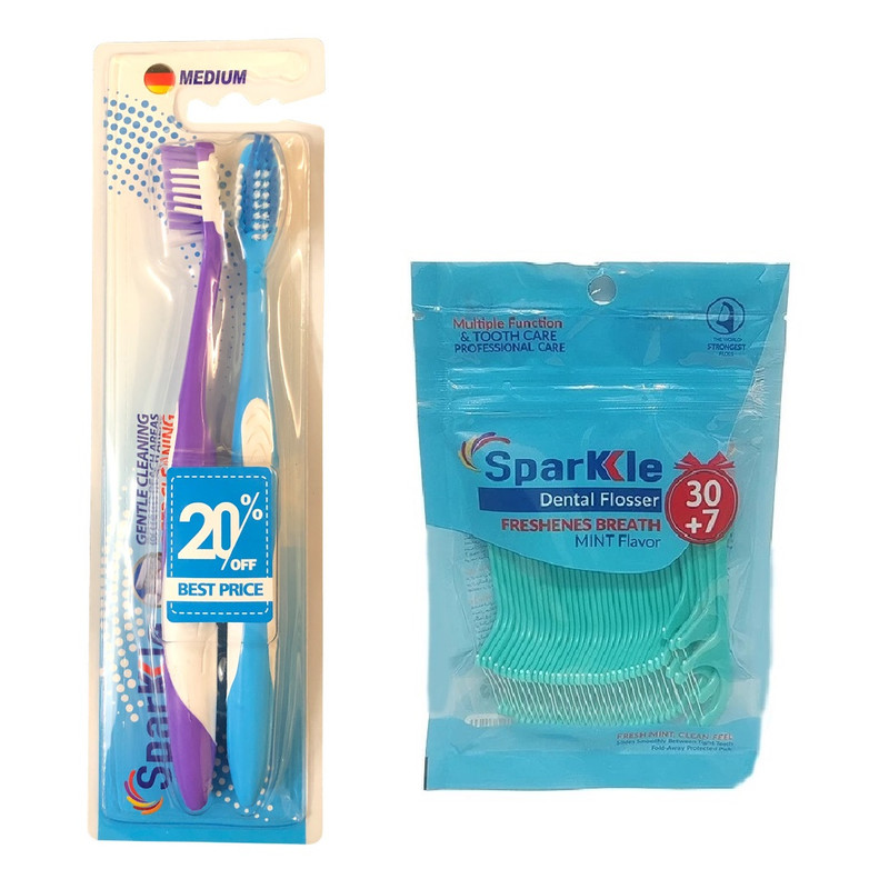 مسواک اسپارکل مدل G license با برس متوسط بسته 2 عددی به همراه نخ دندان اسپارکل مدل کمانی بسته 37 عددی