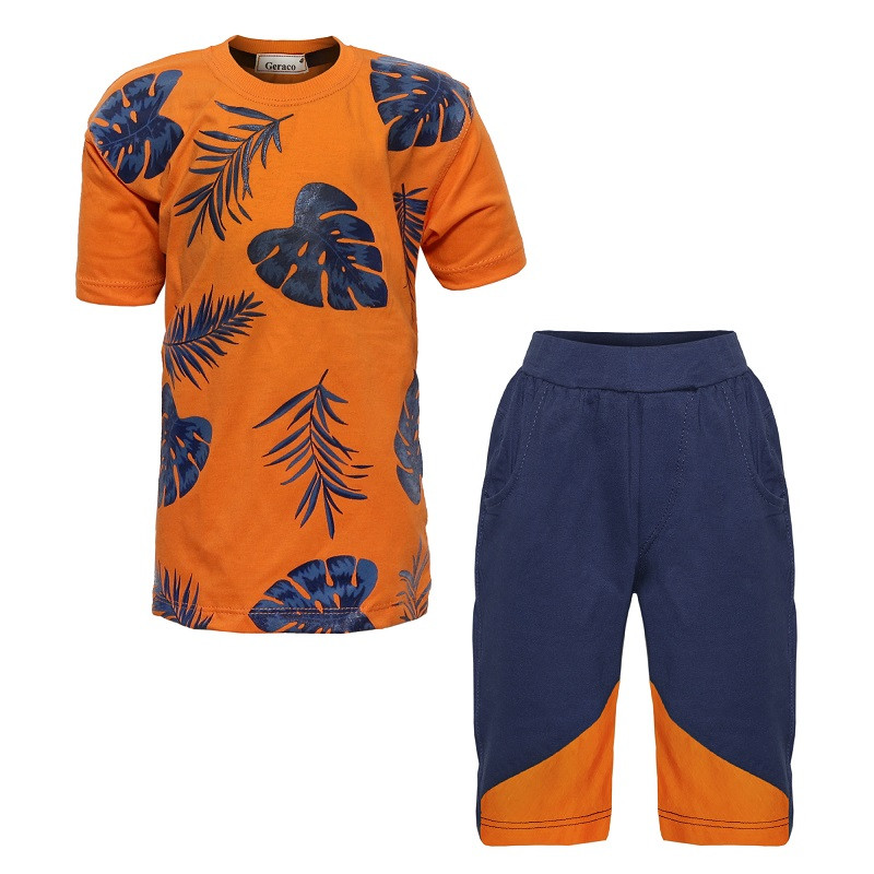 ست تی شرت و شلوارک پسرانه مدل تمام چاپ برگ رنگ نارنجی