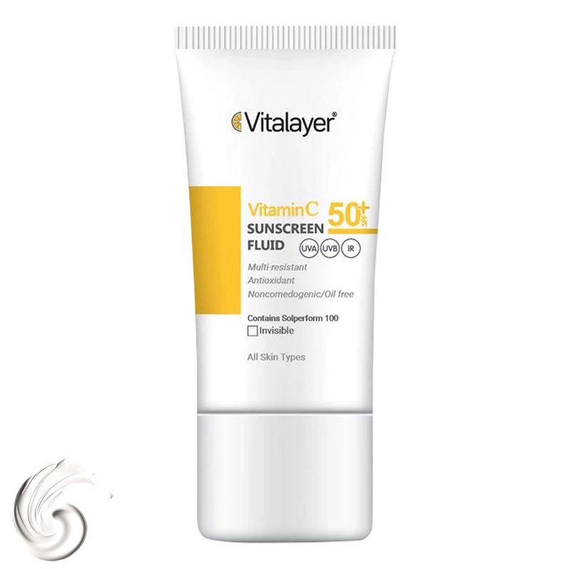 فلوئید ضد آفتاب بدون رنگ ویتالیر SPF50 مدل Vitamin C محافظ UVA ،UVB، ضد چروک، روشنکننده، مناسب انواع پوست حجم 50 میلیلیتر