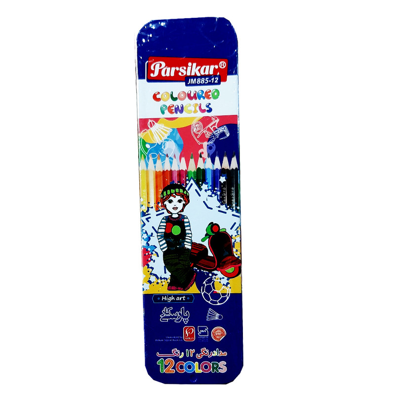 مداد رنگی 12 رنگ پارسیکار مدل فلزی کشویی
