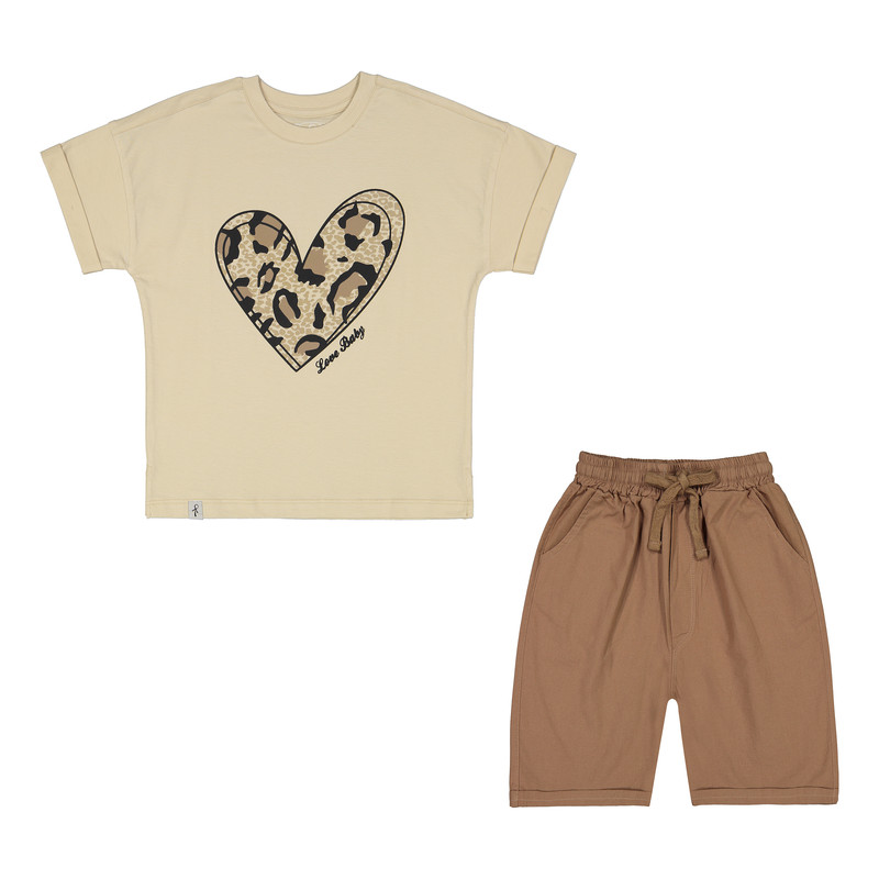 ست تی شرت و شلوارک دخترانه سون پون مدل 1608 رنگ کرم