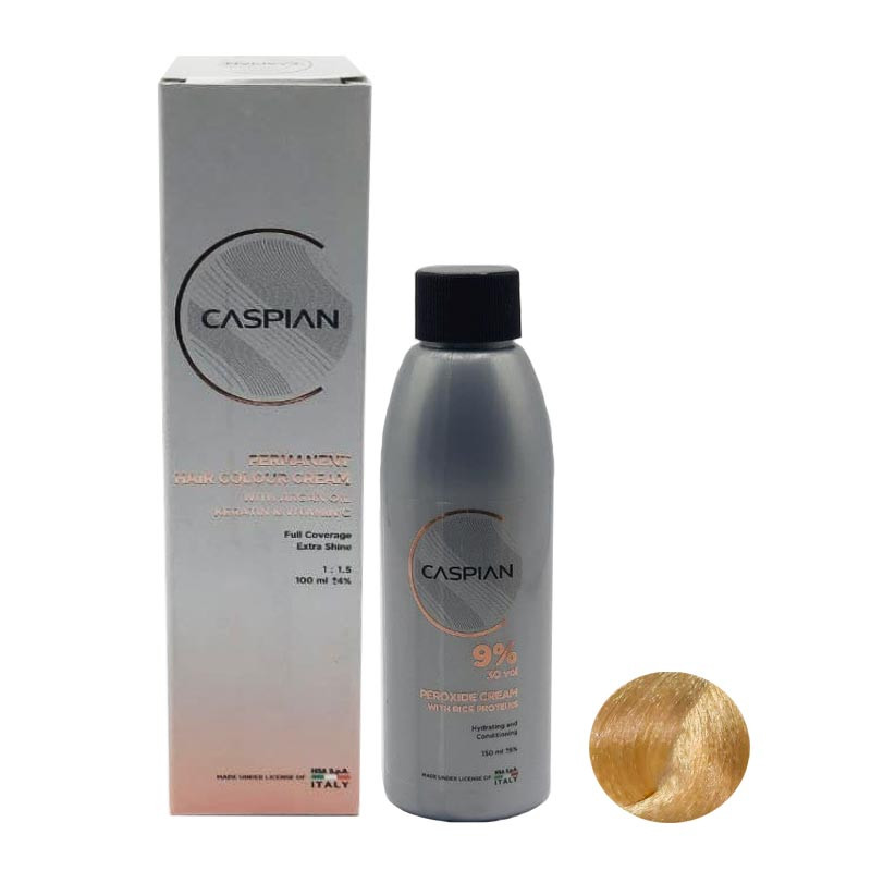 خرید و قیمت رنگ مو کاسپین شماره 9 حجم 100 میلی لیتر رنگ بلوند خیلی روشن به همراه اکسیدان کاسپین مدل 2 نه درصدی حجم 150 میلی لیتر
