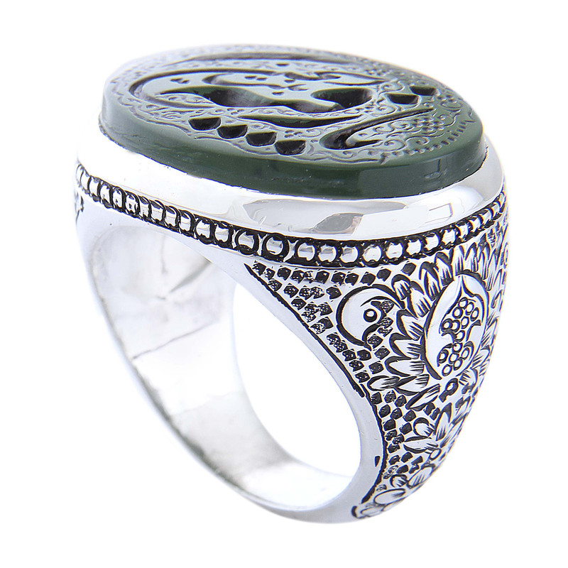 انگشتر نقره مردانه بازرگانی میلادی مدل رکاب دستساز قلمزنی سنگ عقیق سبز خطی کد AM_4687