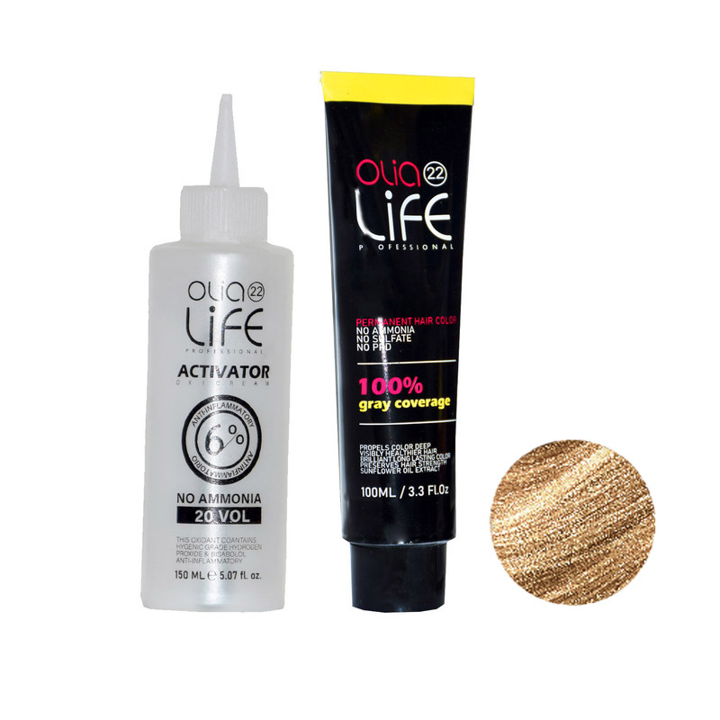 رنگ مو اولیا لایف شماره lc2 حجم 100 میلی لیتر رنگ تافی به همراه اکسیدان اولیا لایف مدل 20 vol شش درصدی حجم 150 میلی لیتر