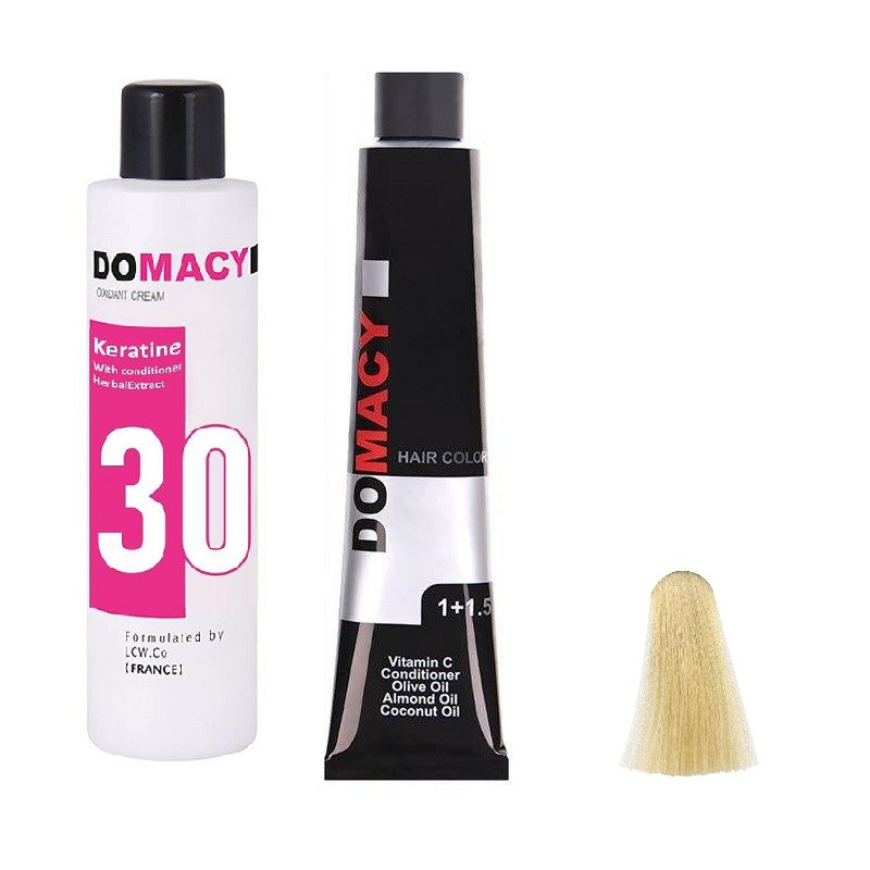 رنگ مو دوماسی شماره 10.00 حجم 120 میلی لیتر رنگ بلوند پلاتینه به همراه اکسیدان کد 02 نه درصدی حجم 180 میلی لیتر