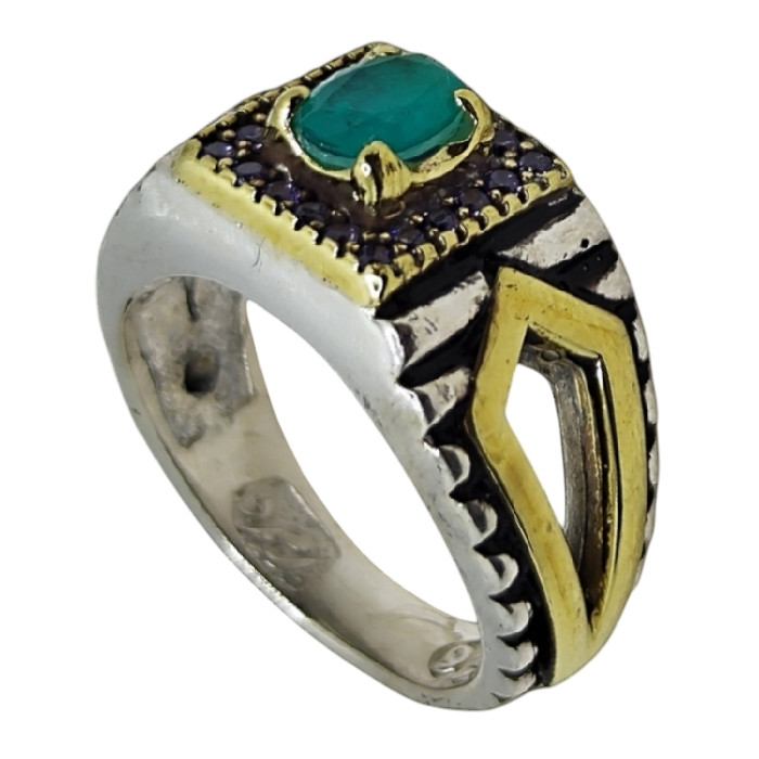 خرید و قیمت انگشتر نقره مردانه مدل سنگ زمرد مخراج برلیان رکاب دست ساز کد 7800