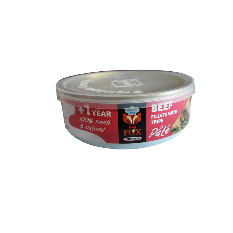 کنسرو غذای سگ فاکس پت فود مدل گوشت گاو و سیرابی وزن 200 گرم