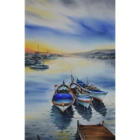 نقاشی آبرنگ طرح قایق در دریاچه کد 010
