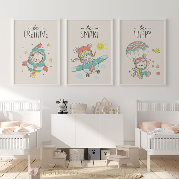 تابلو کودک سالی وود طرح خرس عاشق آسمان کد T112516 مجموعه 3 عددی