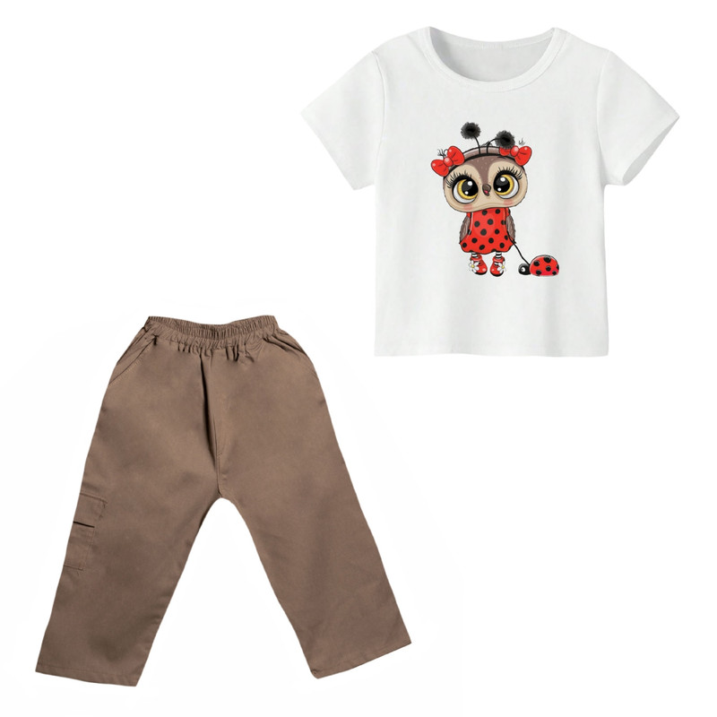 خرید و قیمت ست تی شرت و شلوارک دخترانه مدل جغد کد 01 رنگ سفید