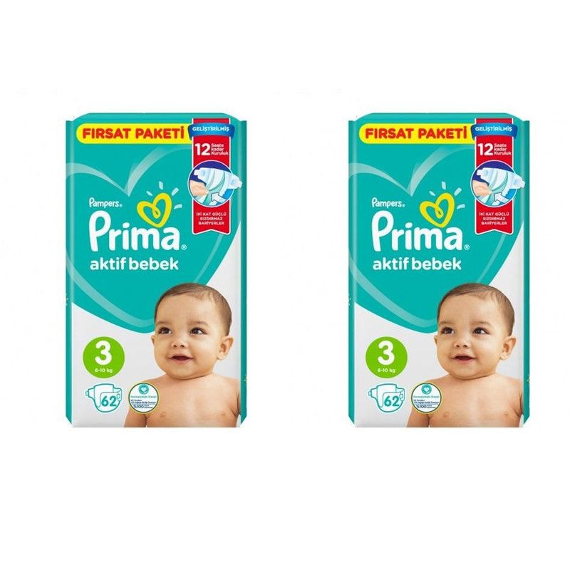 پوشک پریما مدل Aktif bebek سایز 3 بسته 62 عددی مجموعه 2 عددی