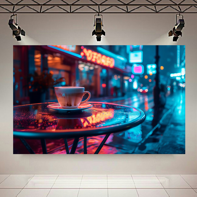 پوستر طرح نئونی شب بارانی مدل فنجان قهوه کد AR305018