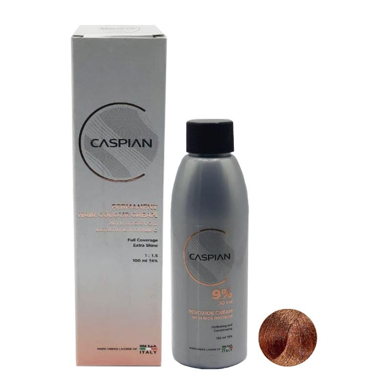 خرید و قیمت رنگ مو کاسپین شماره 7.4 حجم 100 میلی لیتر رنگ مسی به همراه اکسیدان کاسپین مدل 2 نه درصدی حجم 150 میلی لیتر