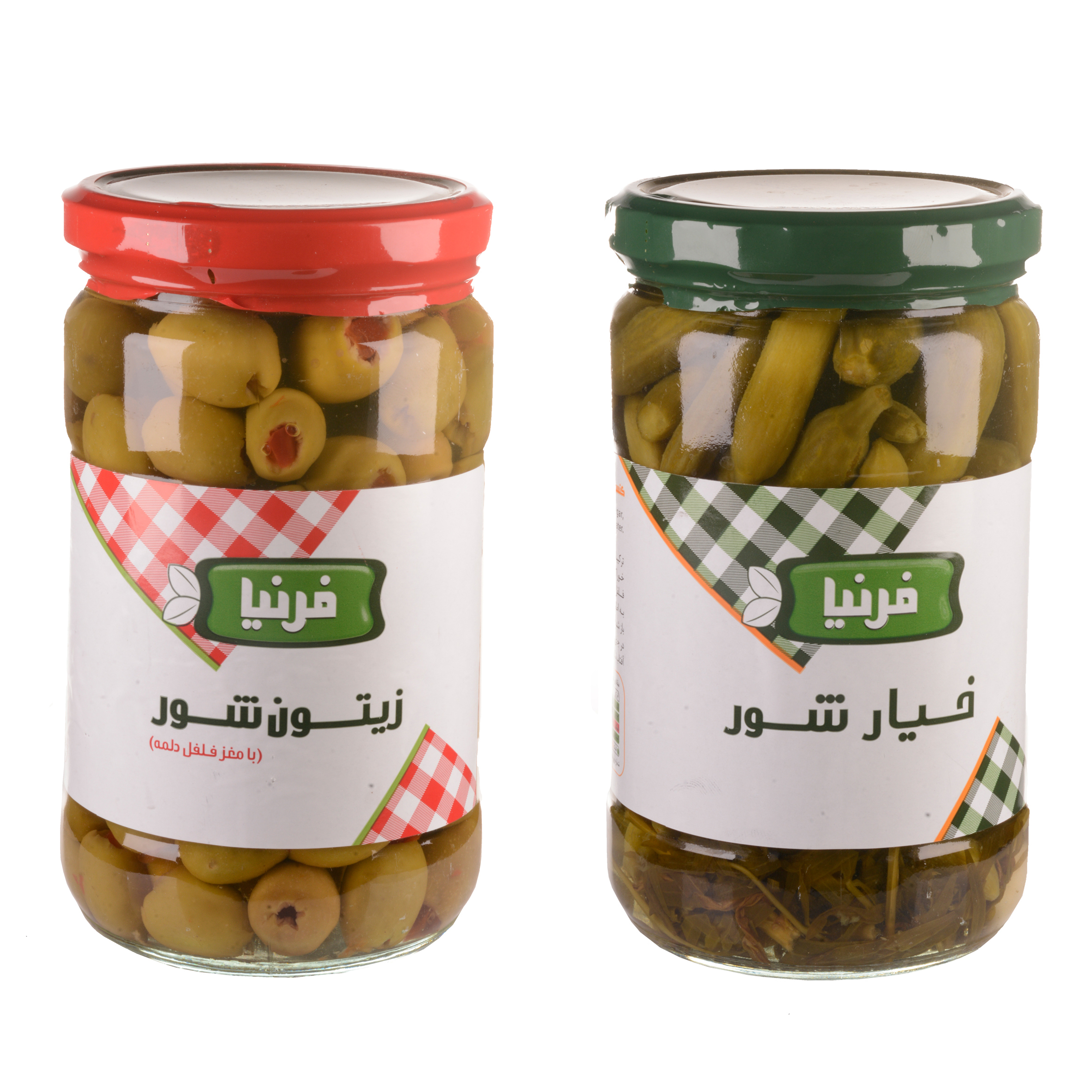 خرید و قیمت خیار شور سوپر ویژه و زیتون با مغز فلفل دلمه فرنیا - 680 گرم مجموعه 2 عددی
