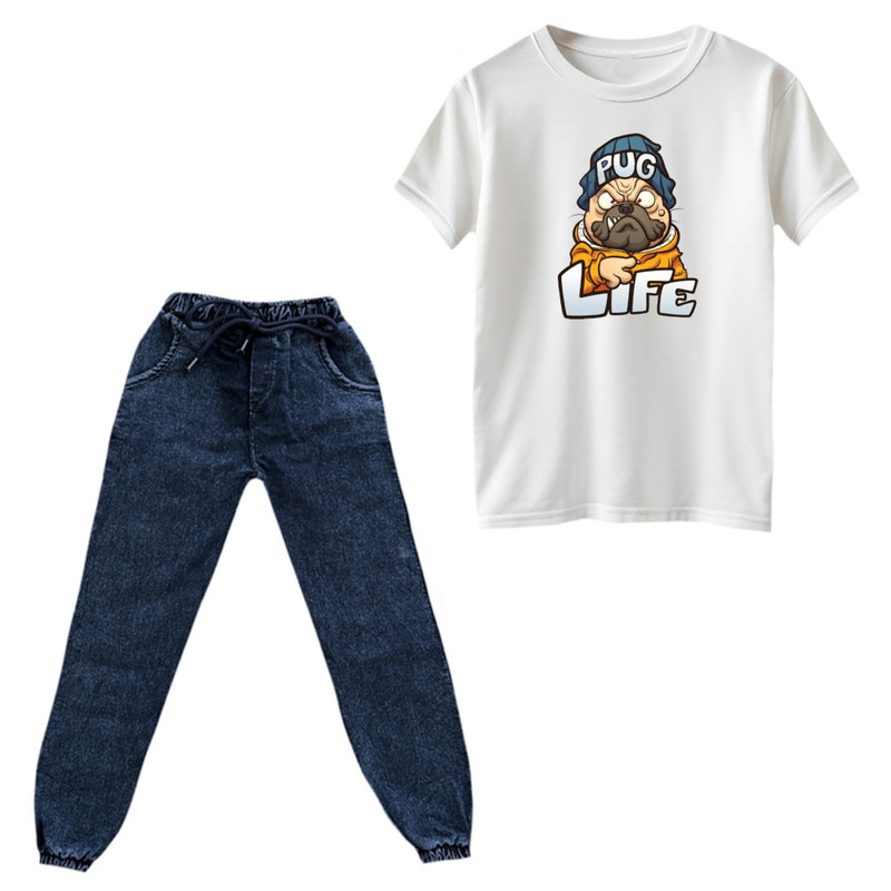 ست تیشرت و شلوار پسرانه مدل سگ کد ۴ رنگ سفید