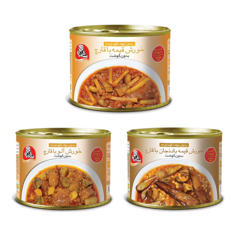 خرید و قیمت خورشت قیمه سیب زمینی و خورشت قیمه بادنجان و خورشت آلو سه قارچ مجموعه 3 عددی