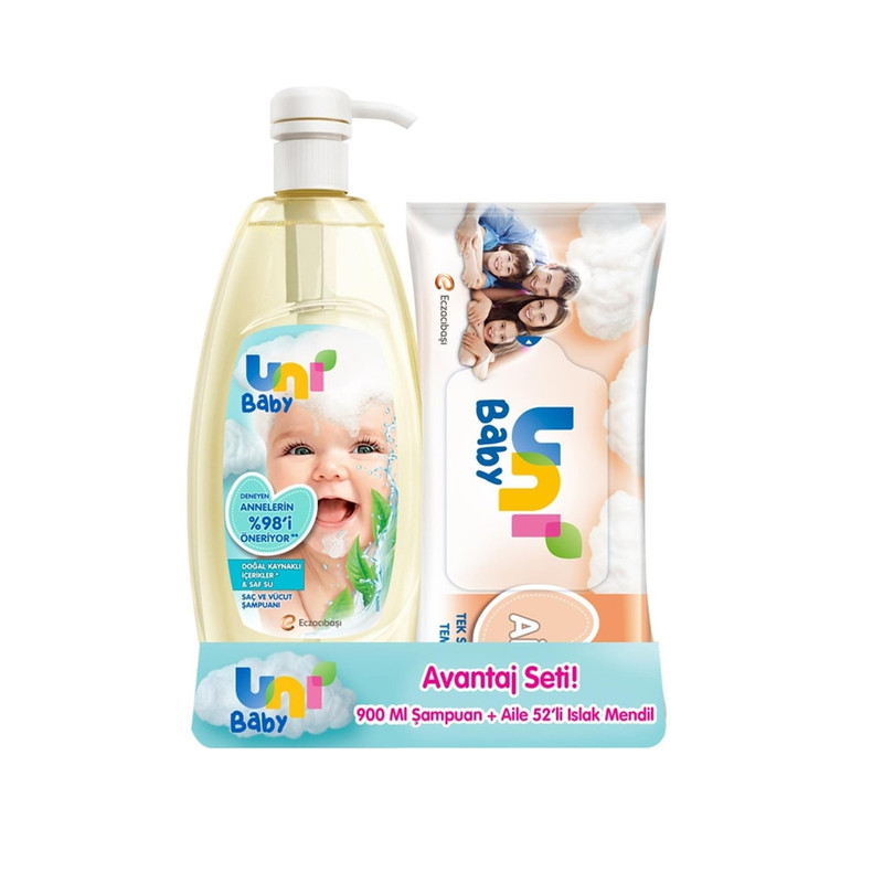 خرید و قیمت شامپو سر و بدن یونی بیبی مدل safsu حجم 900 میلی لیتر به همراه دستمال مرطوب