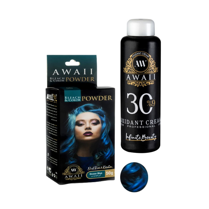 خرید و قیمت پودر دکلره آوایی مدل کراتین وزن 50 گرم رنگ آبی اقیانوسی به همراه اکسیدان آوایی مدل 30vol نه درصدی حجم 180 میلی لیتر