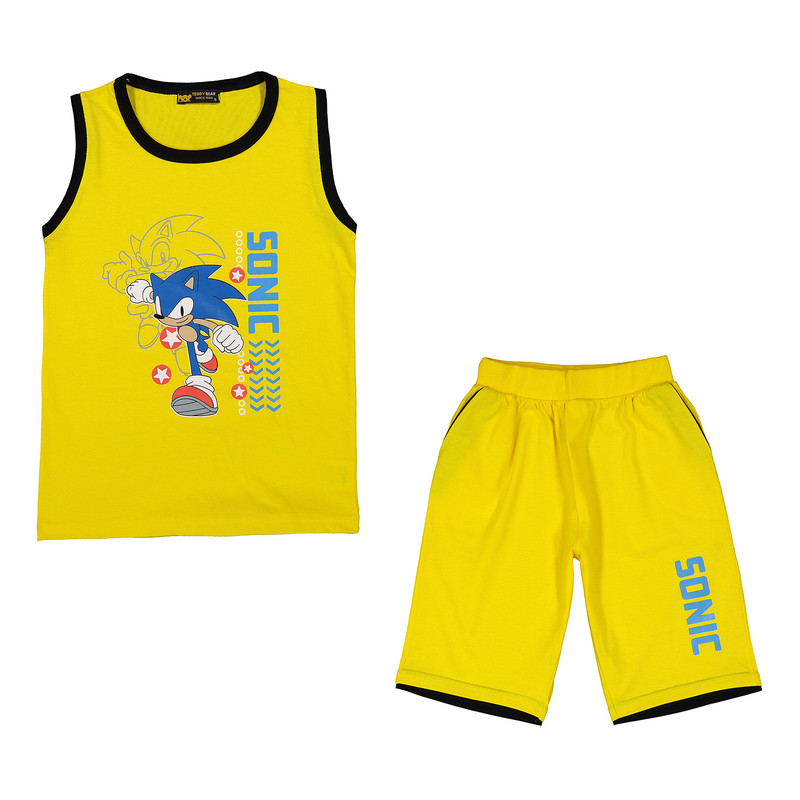 ست تاپ و شلوارک پسرانه خرس کوچولو مدل سونیک Y2 رنگ زرد