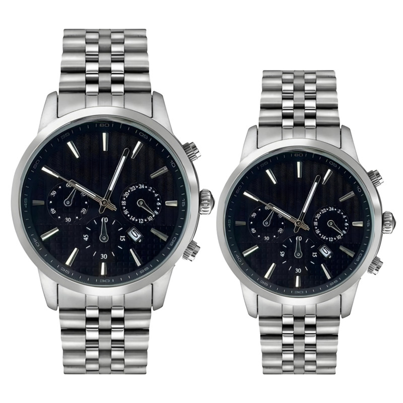 خرید و قیمت ست ساعت مچی عقربه ای زنانه و مردانه مدل کوارتز موتور تقویم دار بند فلزی کد 1