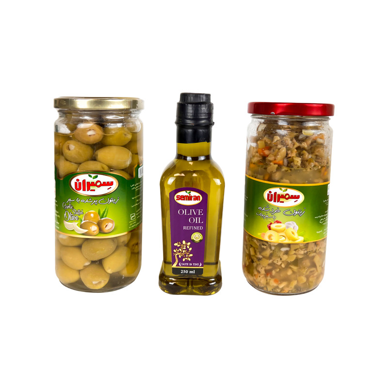 زیتون با سبزیجات و زیتون سیردار به همراه روغن زیتون تصفیه شده سمیران مجموعه 3 عددی