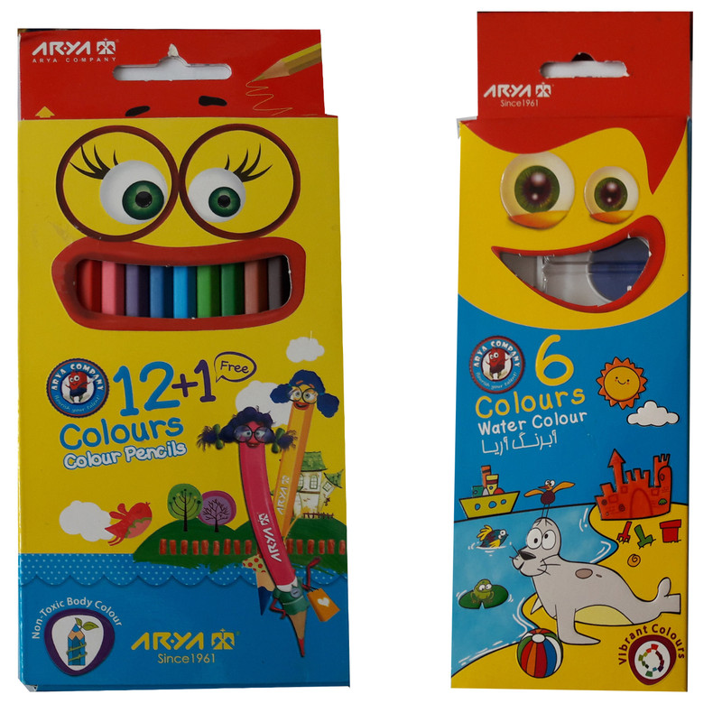 مداد رنگی 12 رنگ آریا کد 3016 به همراه آبرنگ 6 رنگ آریا کد 5001