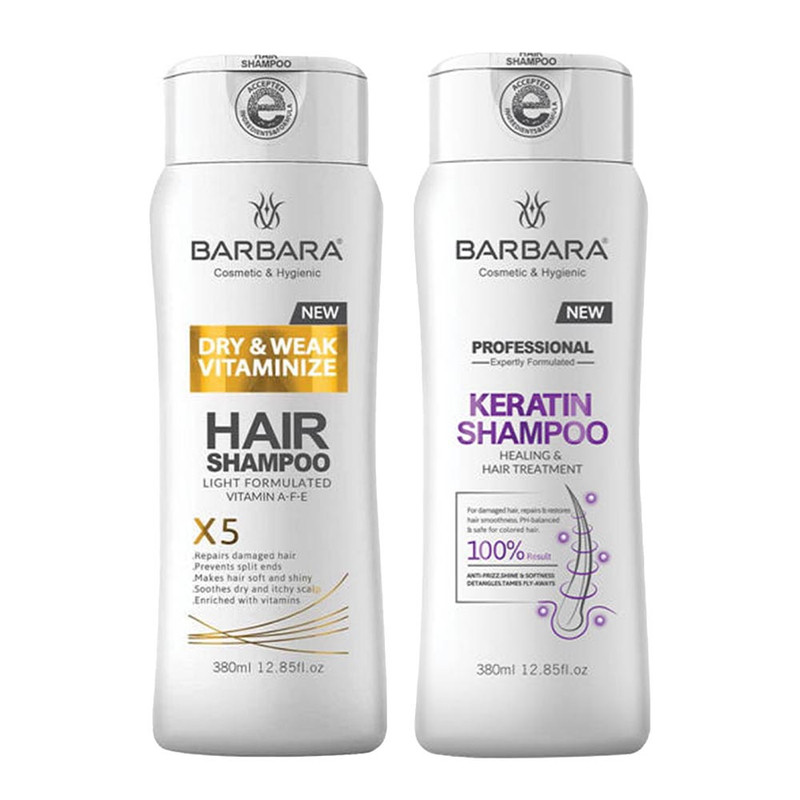 شامپو تقویت کننده مو باربارا مدل KERATIN THERAPY حجم 380 میلی لیتر به همراه شامپو مو باربارا مدل VITAMINIZE حجم 380 میلی لیتر