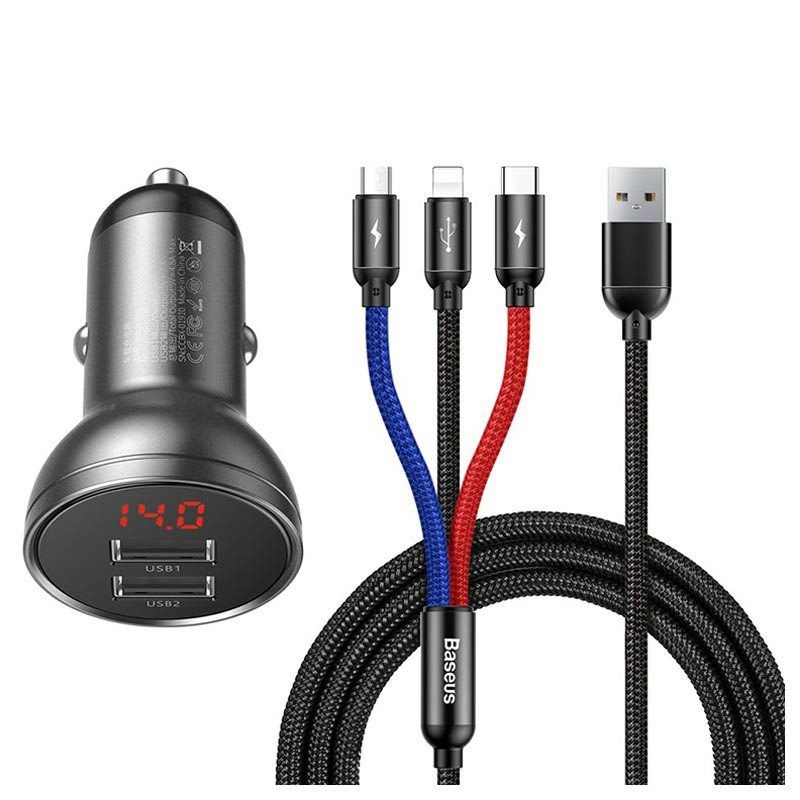 شارژر فندکی باسئوس مدل Car Charger Suit-24W به همراه کابل تبدیل microUSB/ USB-C / لایتنینگ