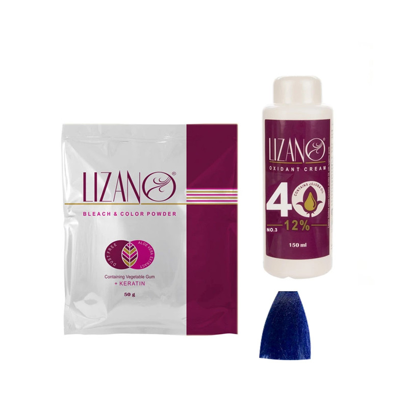 پودر دکلره لیزانو مدل کراتین وزن 50 گرم رنگ سرمه ای به همراه اکسیدان لیزانو مدل 40vol دوازده درصدی حجم 150 میلی لیتر