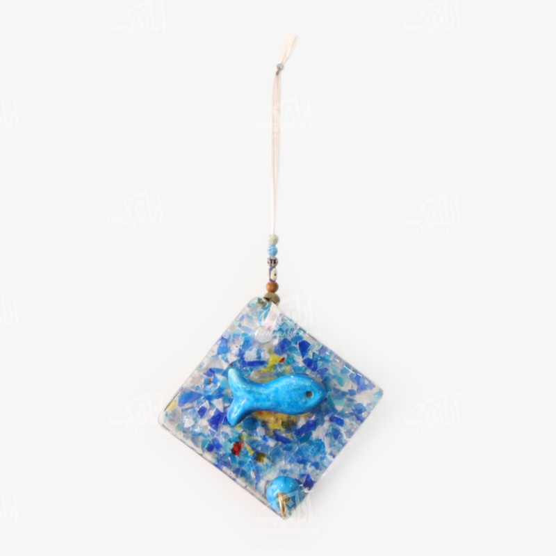 کلید آویز آبگینه با تزیینات خرمهره رنگ آبی طرح ماهی مدل 1005400004