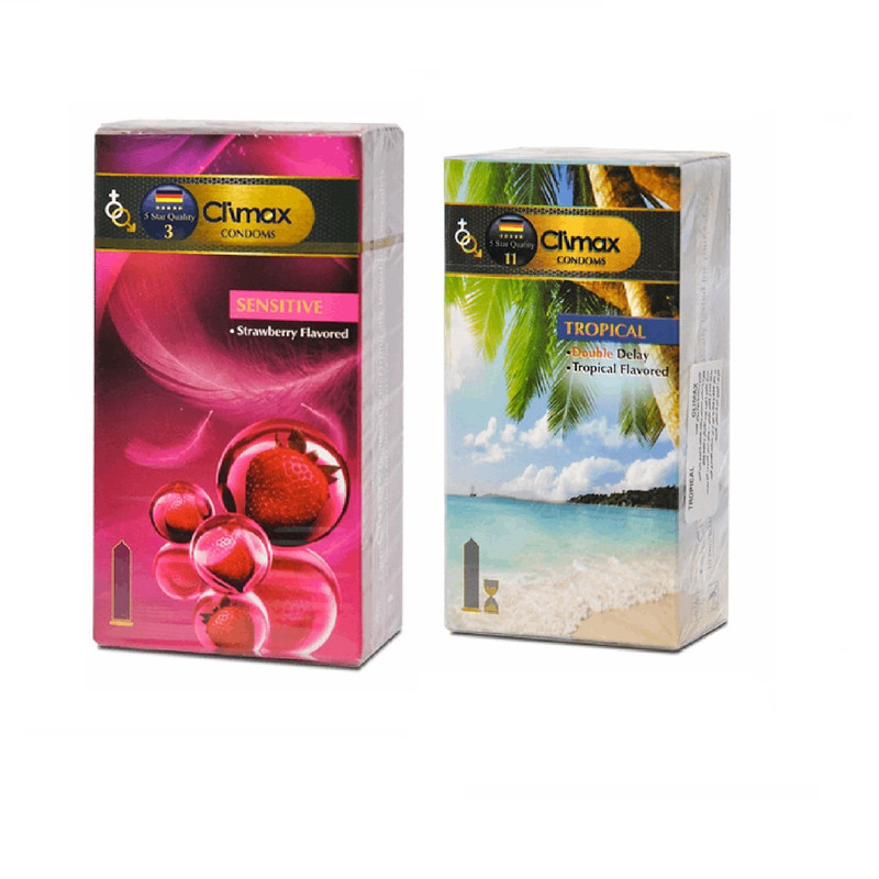 خرید و قیمت کاندوم کلایمکس مدل Sensitive بسته 12 عددی به همراه کاندوم کلایمکس مدل Tropical بسته 12 عددی